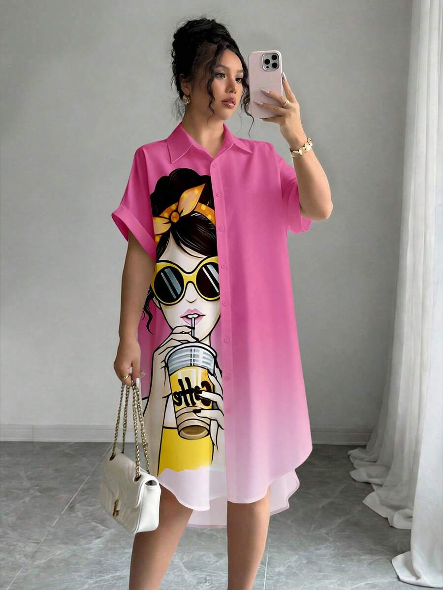 SHEIN LUNE 女士卡通人物印花短袖单排扣休闲衬衫裙 - 粉色 - 查看 1