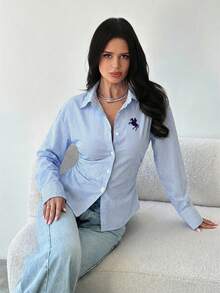 Firerie 女士 51% 棉蓝白条纹长袖系带衬衫，饰有刺绣小马图案 - 休闲通勤、商务及度假衬衫，收腰设计，优雅波西米亚复古风，完美适用于工作场合以及春、夏、秋、冬四季穿着 - 彩色 - 查看 5