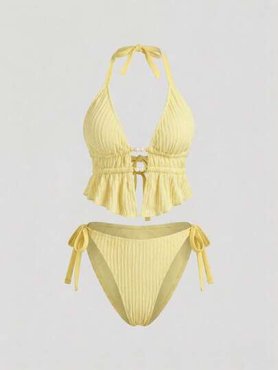 Sweetra CURVE Bộ bikini buộc dây 2 mảnh cỡ lớn, màu Macaron trơn màu vàng tươi, thích hợp cho kỳ nghỉ mát trên bãi biển vào mùa hè