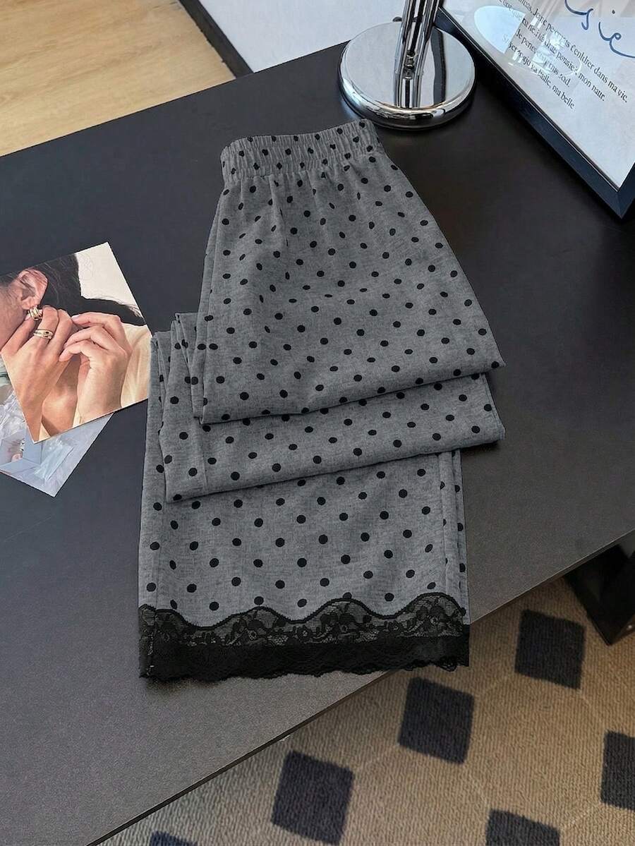 GlowEve 女士时尚休闲波点印花蕾丝拼接松紧腰宽松直筒裤，适合日常穿着 - 灰色 - 查看 1