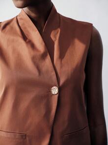 Aveloria Modichic Women's Elegant Suit Set Shades Of Brown,Summer,Casual,Bissness Office Attire Shawl Lapel Metal Button Leather Belt Slit Skirt Slim Fit Tailored Set - Brown - View 2