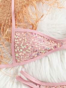 Swim Vcay Nuevo conjunto de bikini de dos piezas con lentejuelas rosas, contraste de color, tirantes ajustables y reversible, estilo sexy de triángulo alto, adecuado para playa, piscina, vacaciones y fiestas - Rosa - Ver 5