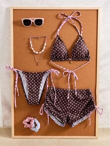 Bonvoyette Women's Summer Seaside Vacation Cute Polka Dot Print Sexy Backless Halter Tie Bikini Set With Shorts And Cover-Up, 3 PiecesSwimsuit Set Beach Brown - Multicolor - View 3