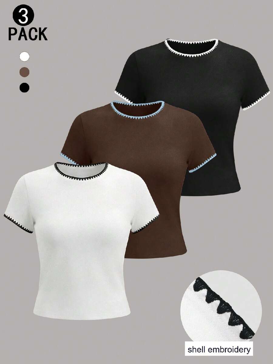 Airaco 3pcs/Set Shell Trim Embroidered Colorblock Round Neck Women Cropped T-Shirts - Multicolor - View 1