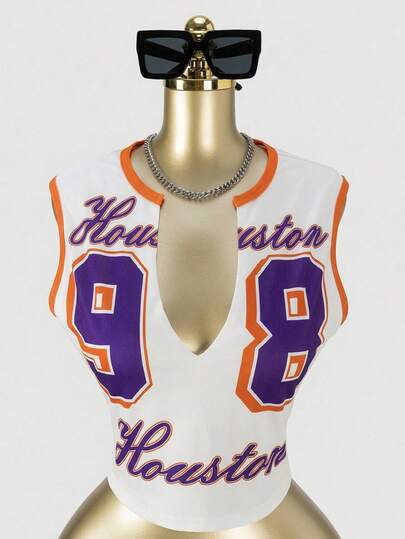 SHEIN SXY Sexy Cropped Sleeveless Vest With Numeric Print, Streetwear Style, Spring/Summer