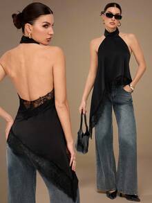 SHEIN Tall 优雅蕾丝边露背吊带背心，性感缎面拼接无袖上衣，适合派对、鸡尾酒会、正式场合、圣诞节、商务休闲等场合。 - 黑色 - 查看 2