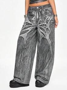 ROMWE Grunge Punk Quần jeans ống đứng nữ phong cách retro đường phố punk họa tiết cánh gai - màu đen - Xem 4