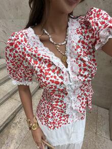 Pariaura Áo kiểu nữ mùa hè thanh lịch kiểu Pháp, cổ chữ V, tay phồng, thắt eo, họa tiết hoa đỏ, dáng casual, đa năng. - Đỏ - Xem 6