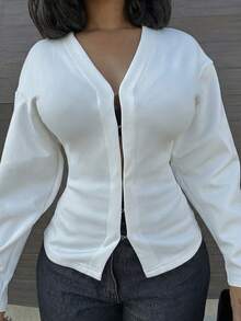 Alexandranx 女士时尚复古法式 V 领插肩袖长袖酒红色针织衬衫 - 白色 - 查看 4