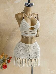 Soleia 度假风串珠贝壳流苏下摆低腰斜摆毛衣两件套，波西米亚风，度假风，秋季女装，复古风，假日风 - 米色 - 查看 7