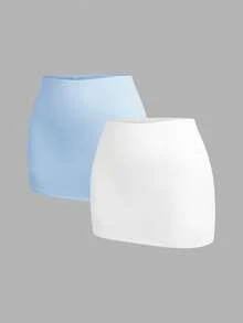 SHEIN Comfortcana 2件套女士新款基础款短裤套装，纯色短裙，女士短裙，迷你短裙，2件装短裙，半身裙，女士迷你短裙套装，内含短裤的半身裙，女士半身裙 - 藍白色 - 查看 4