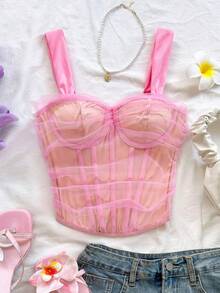 Soleia Áo không tay phối lưới thanh lịch dành cho nữ, thích hợp cho mùa hè. - Hồng - Xem 4