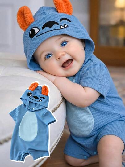 SHEIN 男女宝宝可爱3D大耳朵设计连帽短袖连体衣套装，婴儿服装