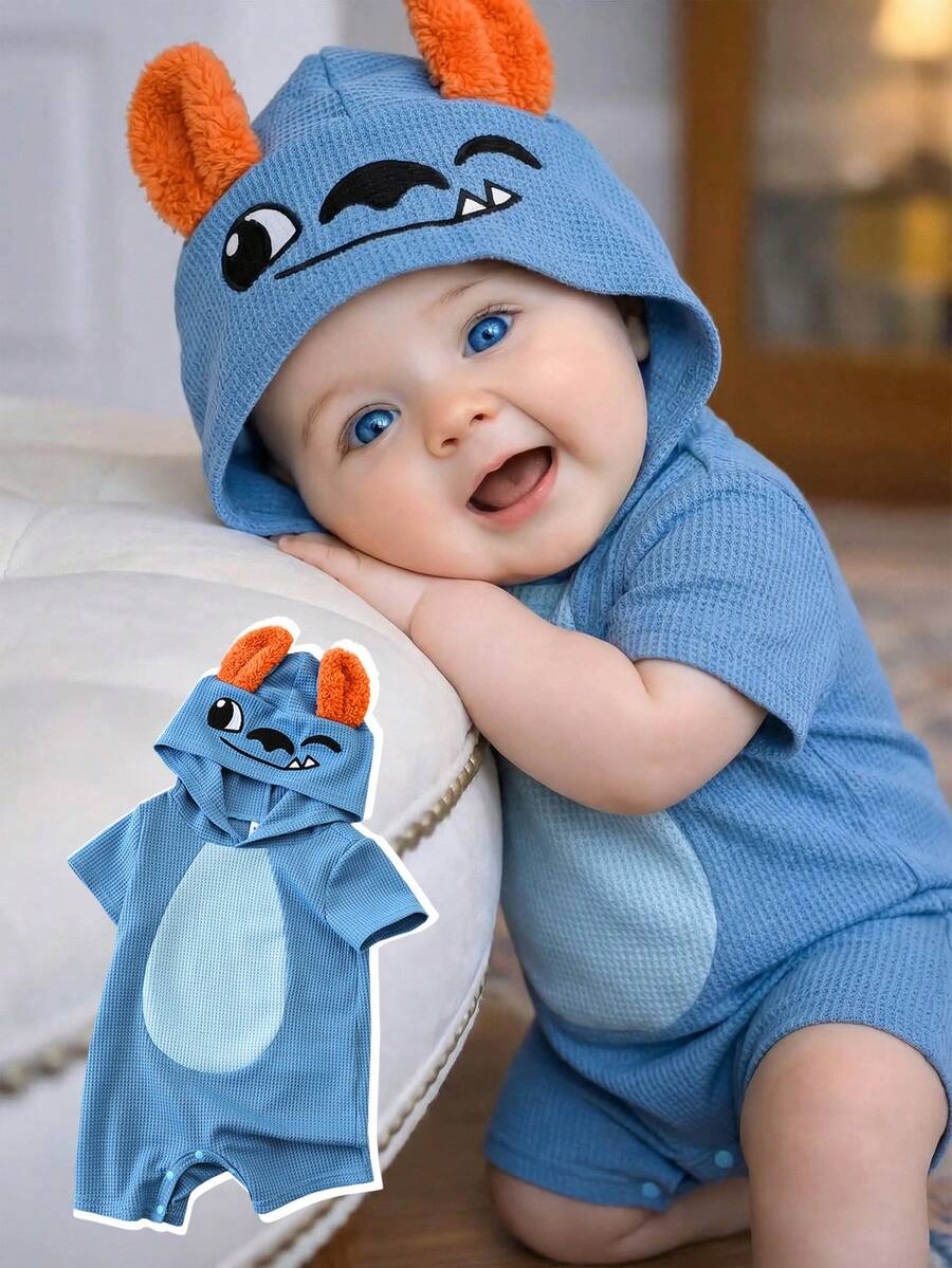SHEIN Bộ áo liền quần ngắn tay có mũ trùm đầu, thiết kế tai to 3D dễ thương cho bé sơ sinh trai/gái, trang phục cho bé. - Màu xanh lam - Xem 1