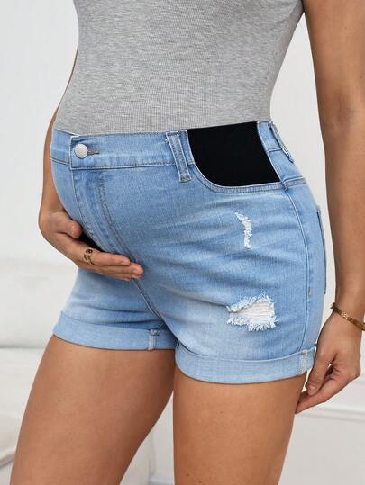 SHEIN Quần short denim bầu dáng rộng, rách gấu, thích hợp mặc mùa hè, đi làm, đi nghỉ mát, tốt nghiệp, phong cách Y2K, dễ thương, thời trang đường phố, dự tiệc cưới, thanh lịch, công sở, đi biển, tốt nghiệp. Quần short jean bầu thoải mái cho nữ, chất liệu denim co giãn với gấu quần xắn và chi tiết rách.