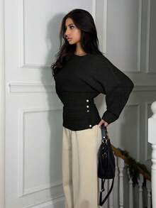 Ronhire 女装新款秋冬单件设计蝙蝠袖高端纽扣简约日常针织长袖上衣 - 黑色 - 查看 3