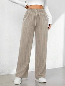 SHEIN PETITE Quần lửng ống rộng chất liệu có họa tiết, kiểu dáng thường ngày, thích hợp cho mùa hè. - Màu Khaki - Xem 8