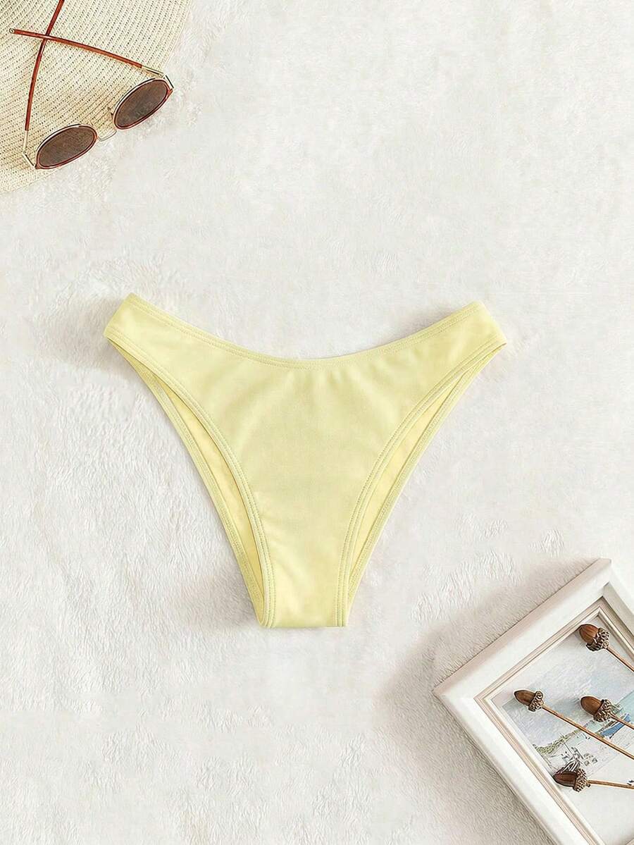 Swim Vcay Solid Color Minimalist Design Summer Beach Bikini Bottom - Light Yellow - View 1