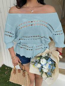 Sunnyshic 女士休闲简约优雅浪漫温柔日常通勤街头风百搭度假野餐设计感上衣，年轻露肩短袖抽绳镂空荷叶边杏色收腰大码套头衫时尚针织钩编毛衣，春夏 - 藍色 - 查看 6