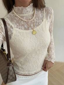 FRIFUL Women's Floral Lace Collar Long Sleeve Fitted Blouse - White - View 1