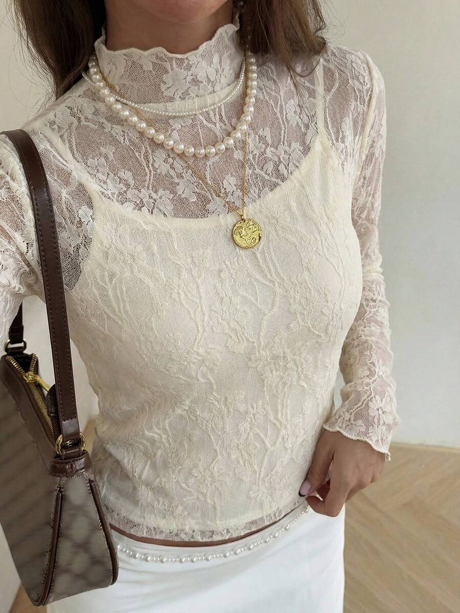 FRIFUL Women's Floral Lace Collar Long Sleeve Fitted Blouse - White - View 1
