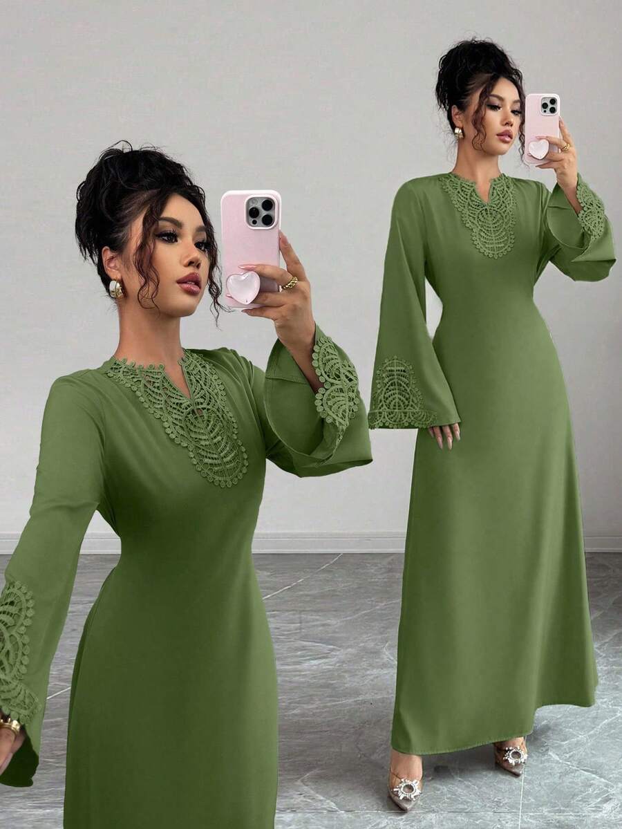 Rafferiza Women's Loose V-Neck Ruffle Hem Long Sleeve Robe, Turkish Robe, Arabian Robe - Olive Green - View 1
