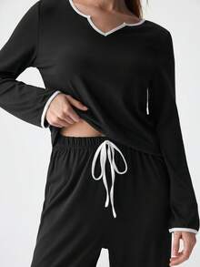 SHEIN Contrast Binding Notched Neckline Knot Front Lounge Set, Fall Winter Clothes, Cozy Outfit - Black - View 8