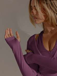 Aralina Women's Solid Color Minimalist Long Sleeve Casual Sports T-Shirt - Purple - View 4