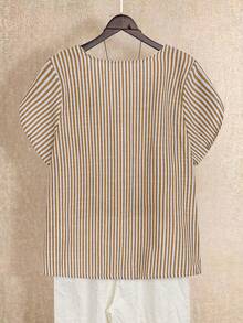Linhara Plus Size Summer Casual Striped Asymmetric Collar Shirt - Khaki - View 2