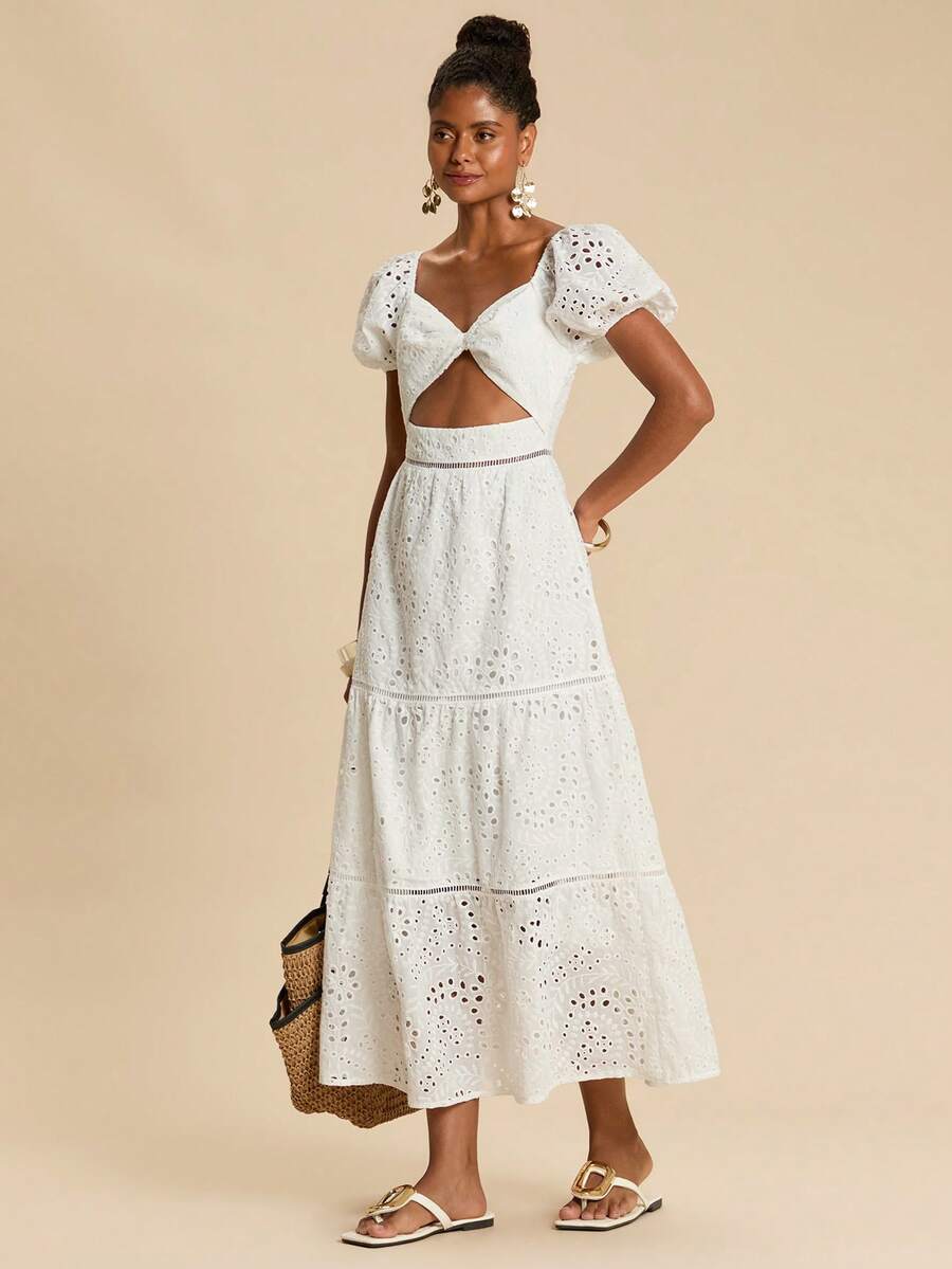 Travachic Women's Embroidered Twist Ruched Long Dress, Fashionable For Party And Occasions,White Dress,Elegant Dresses For Women,Embroidered Dress,Summer Outfits For Women,Summer Dresses For Women Tea Party Outfit Women 2 Piece Ladies Two Piece Outfits Brunch Outfits For Women 2 Piece - White - View 1