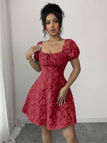 Rafferiza Đầm ngắn tay ngắn cổ vuông thanh lịch tối giản kiểu Pháp dành cho nữ, điểm nhấn là nơ ở eo, chất liệu jacquard, kiểu dáng thường ngày. - Đỏ - Xem 3