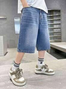 SHEIN Little Byeori Îmbrăcăminte streetwear pentru copii preadolescenti, model mixt, design versatil, modă, bază simplă, albastru, retro, din denim, cu picior larg, pentru băieți, pentru purtare zilnică, haine pentru copii, îmbrăcăminte zilnică pentru copii, ținute rave de primăvară până la vară, ținute de festival și ținute streetwear. - Albastru - Vizualizare 5