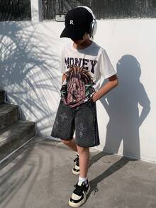 SHEIN 青少年男孩時尚返校街頭風混搭百搭設計 Y2K 復古酷炫閃亮十字水鑽設計黑色寬鬆牛仔短褲 兒童男孩柔軟日常穿搭 秋季或冬季返校返校派對狂歡節海灘街頭風校園水鑽短褲閃亮牛仔短褲 - 黑色 - 查看 6