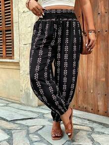 SHEIN LUNE Celana Harem Pinggang Elastis Motif Ukuran Besar, Celana Kasual untuk Liburan Musim Gugur - MultiWarna - View 3