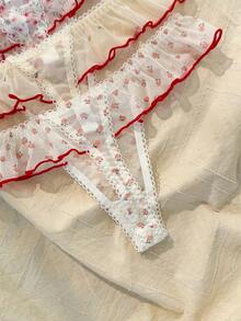 5 件装可爱印花网眼透气荷叶边性感丁字裤内衣 - 彩色 - 查看 6