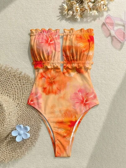 Soleia Traje de una pieza para mujer, atuendo de vacaciones y playa, estampado floral naranja