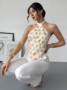 Rafferiza 女士新款性感露背亮片吊带背心，女士派对吊带背心，圣诞派对，优雅新年夜装扮，闪亮亮片上衣 - 杏色 - 查看 3