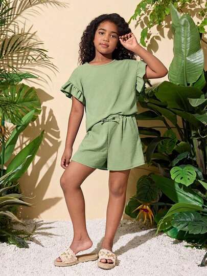 2pcs Tween Girls Casual Vacation Set: Short Sleeve Top & Elastic Waist Shorts