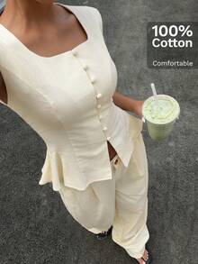 SHEIN EZwear White Woven Commuter Women's Vest & Pants Suit - Apricot - View 5