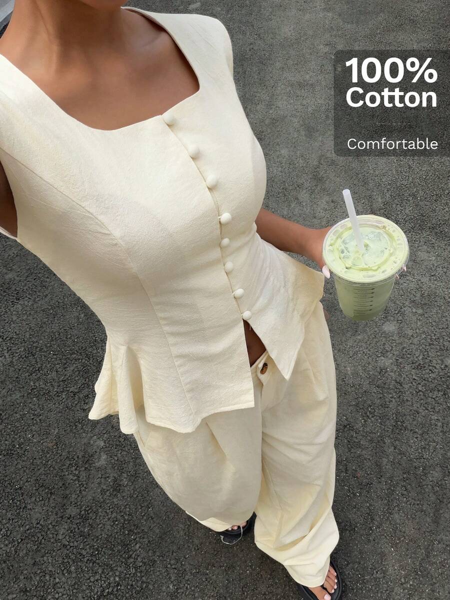 SHEIN EZwear Traje de chaleco y pantalones de mujer tejido blanco para uso diario - Albaricoque - Ver 1