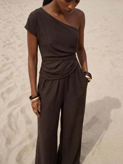 Zivah 2026 Spring/Summer New Arrival Wedding Season, Music Festival, Easter, Western, Boho, Nashville Inspired Party, Wedding, Evening, Date, Gathering, Birthday, Collegiate, Commute, Business Casual Sleeveless, Sexy Backless, Waist Ruched, Real Pockets, Loose Wide Leg, Textured Fabric Coffee Brown Jumpsuit