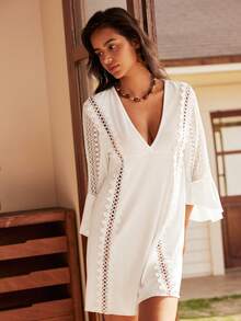 Lullawish Women's Solid Color V-Neck Hollow Casual Nightgown For Daily Wear - White - View 4