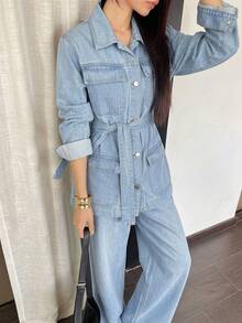 DAZY Women's Long Sleeve Single-Breasted Jacket And Wide-Leg Jeans Casual Suit Summer - Blue - View 5