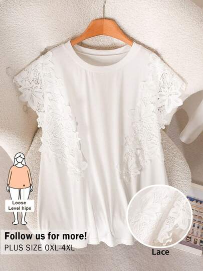 CosyJoli Áo thun nữ cỡ lớn viền ren tan trong nước, áo kiểu ren cỡ lớn, áo thun trắng tay loe, trang phục thường ngày cho nữ.