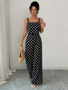 Franclia 优雅女士缎面波点印花阔腿连体裤，适合夏季海滩度假。波点连体裤，女士连体裤，波点连身裤，黑白连衣裙，女士波点连衣裙，黑色波点连衣裙，复古连衣裙，女士波点连衣裙，女士波点裤，女士连体裤工作服，女士波点两件套，波点连体裤，女士波点套装，女士套装，波点两件套 - 黑色 - 查看 6