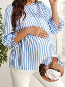 SHEIN Nursing Top With Frill Trim, 3/4 Sleeve, Round Neck, Half-Placket, A-Line Hem, Striped Nursing Blouse - Blue and White - View 1