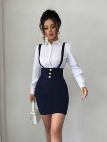 SHEIN Elenzya Taillierte Rock mit Hosenträgern und Knopfdekor, eleganter, romantischer und raffinierter Damenrock, geeignet für Arbeit, Pendeln und legere Unternehmungen - marineblau - Übersicht 8