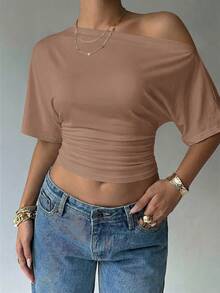 Aloruh Áo kiểu dáng rộng rãi, lệch vai, thắt eo, áo thun cơ bản tối giản. - Cà phê nâu - Xem 3