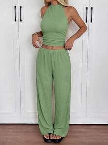 SHEIN EZwear 女士夏季休闲度假露背上衣和裤子套装 女士度假套装 两件套休闲套装 女士夏季两件套 女士两件套休闲套装 女士春季套装 女士两件套休闲套装 休闲两件套 女士两件套 女士套装 女士两件套 两件套套装 两件套夏季套装 - 橄欖綠 - 查看 4
