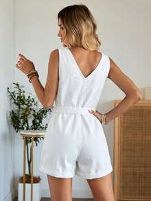 EMERY ROSE Mature Denim Women's Solid Color Minimalist Sleeveless Jumpsuit, Casual Everyday Wear - White - View 2